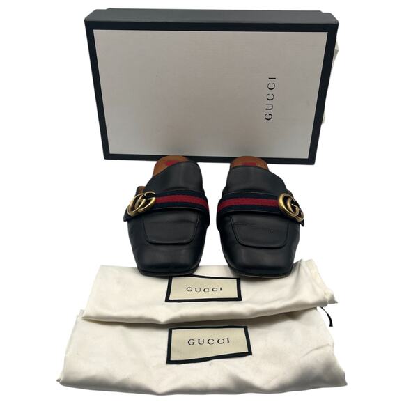 Gucci Betis Glamour Nero GG Web Peyton Leather Slip On Flat Mules Black 38 / 8 - Picture 1 of 12